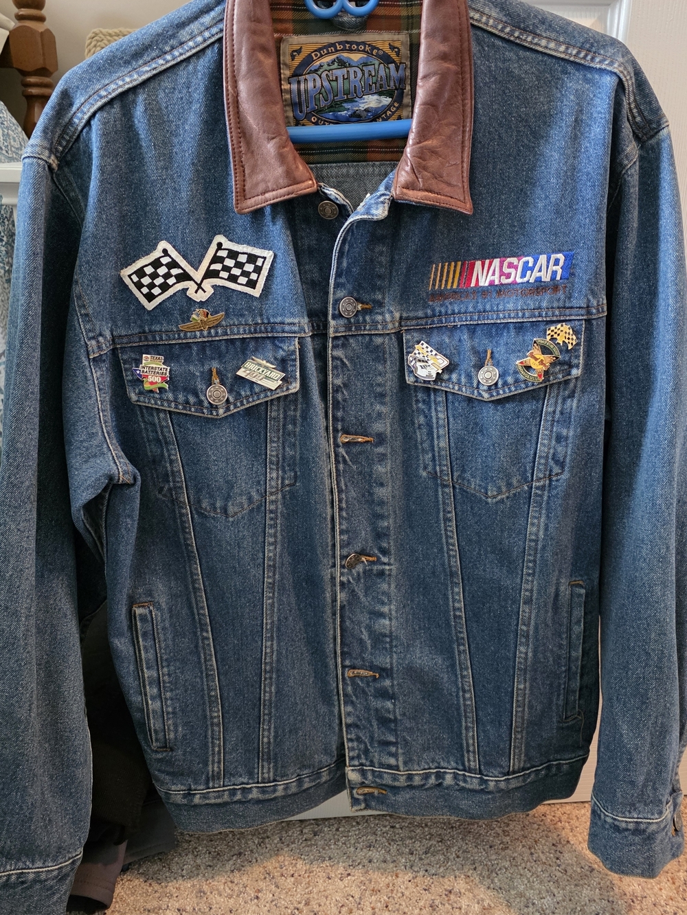Denim Jacket with Brown Leather Collar - NASCAR Patch Detail